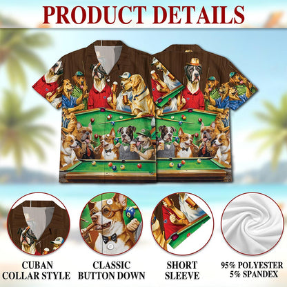 Dogs Playing Billiard Pool Hawaiian Shirt for Men, Button Down Aloha Shirt - Azhawaiian