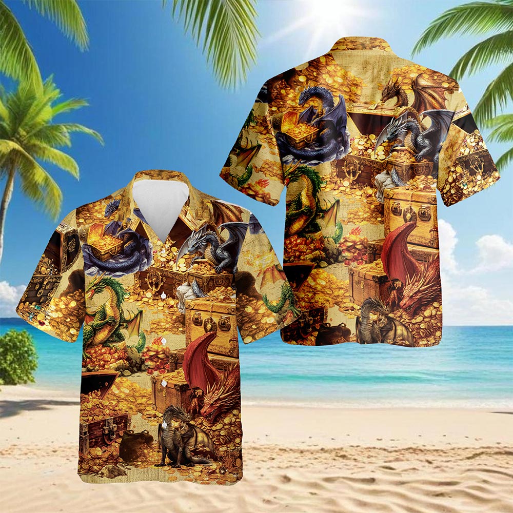 Dragon and Treasure Hawaiian Shirt for Men, Button Down Aloha Shirt - Azhawaiian
