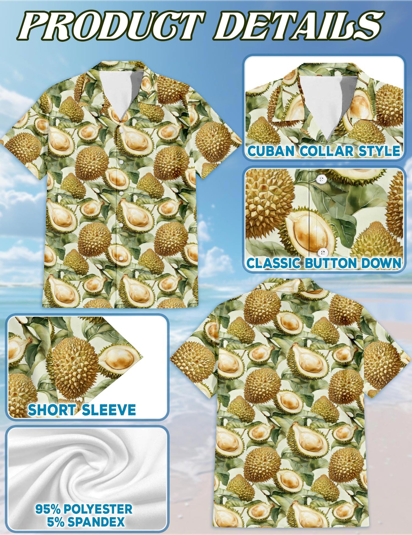 Durian Pattern Hawaiian Shirt for Men, Button Down Aloha Shirt - Azhawaiian