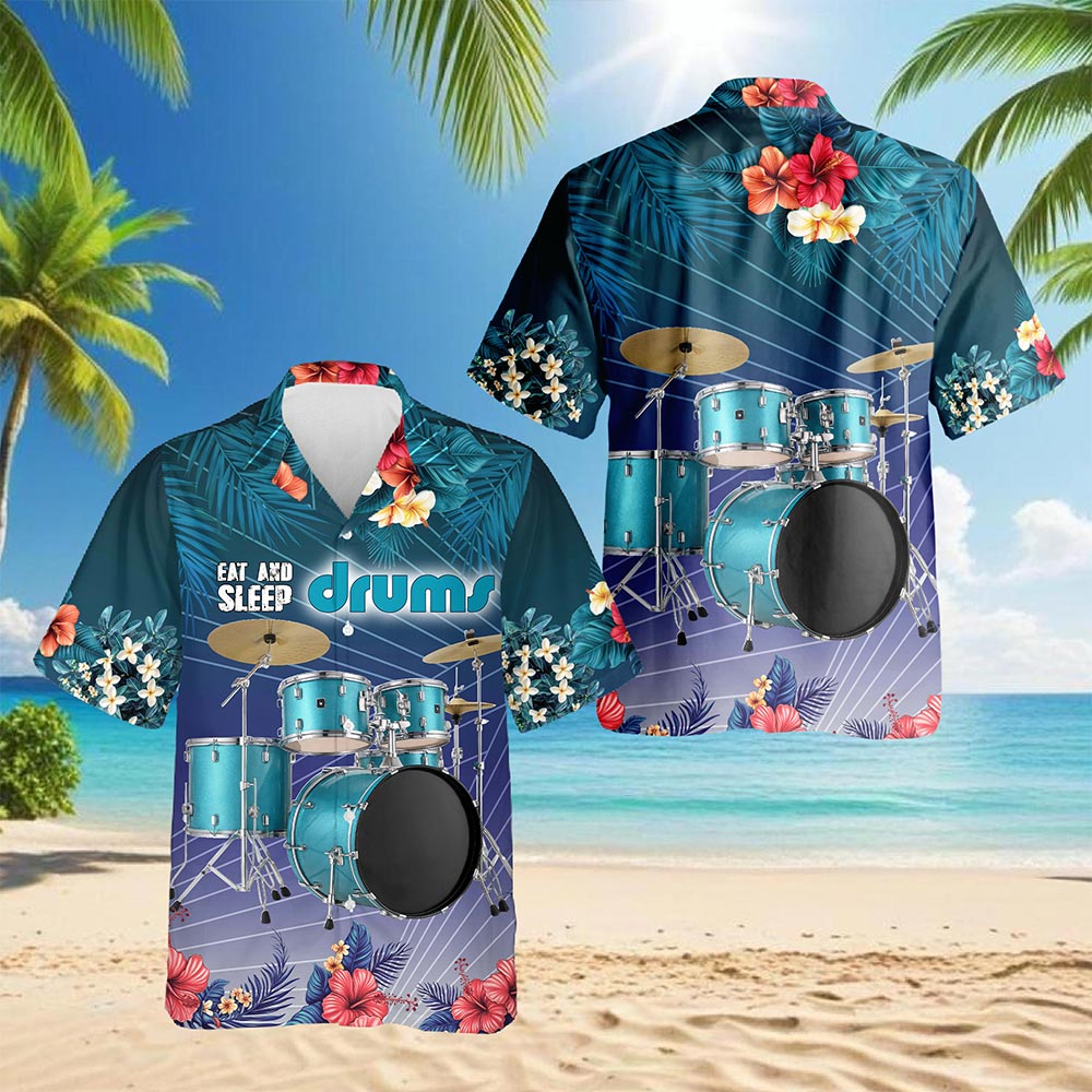 Eat And Sleep Drums Hawaiian Shirt for Men, Button Down Aloha Shirt - Azhawaiian