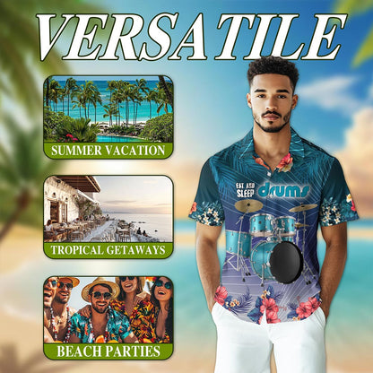 Eat And Sleep Drums Hawaiian Shirt for Men, Button Down Aloha Shirt - Azhawaiian