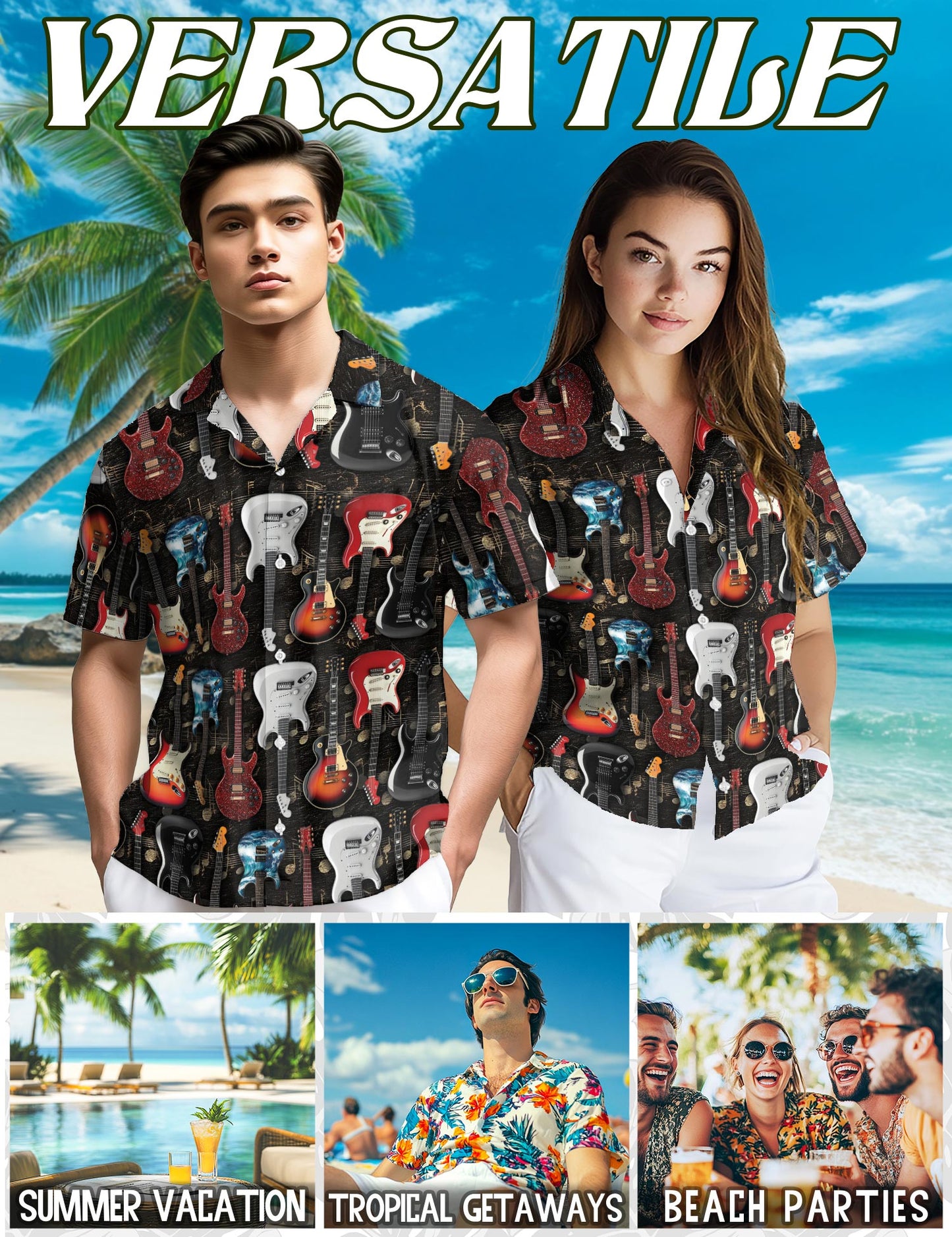 Electric Guitar Hawaiian Shirt for Men, Button Down Aloha Shirt - Azhawaiian