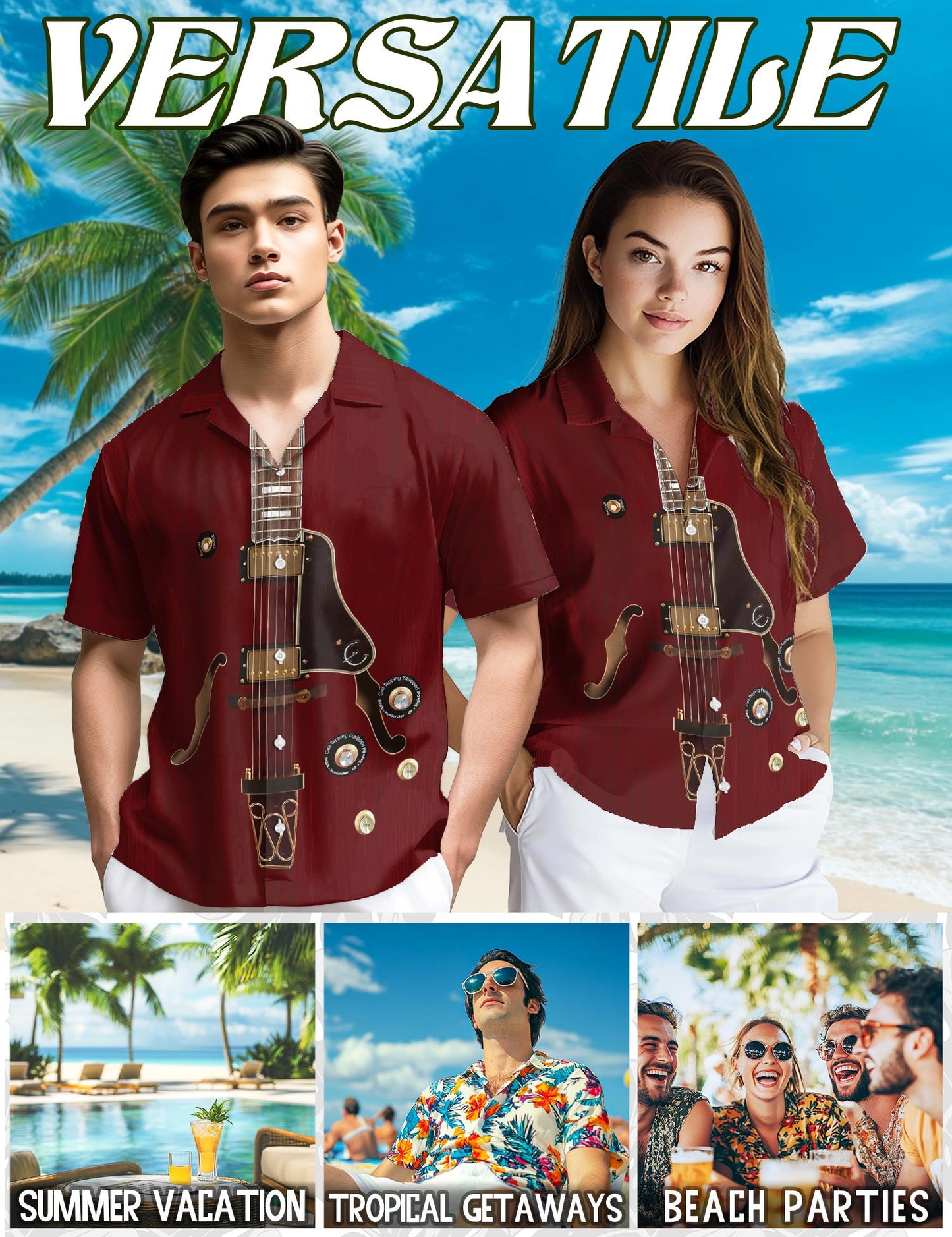 Electric Guitar Hawaiian Shirt for Men, Button Down Aloha Shirt - Azhawaiian