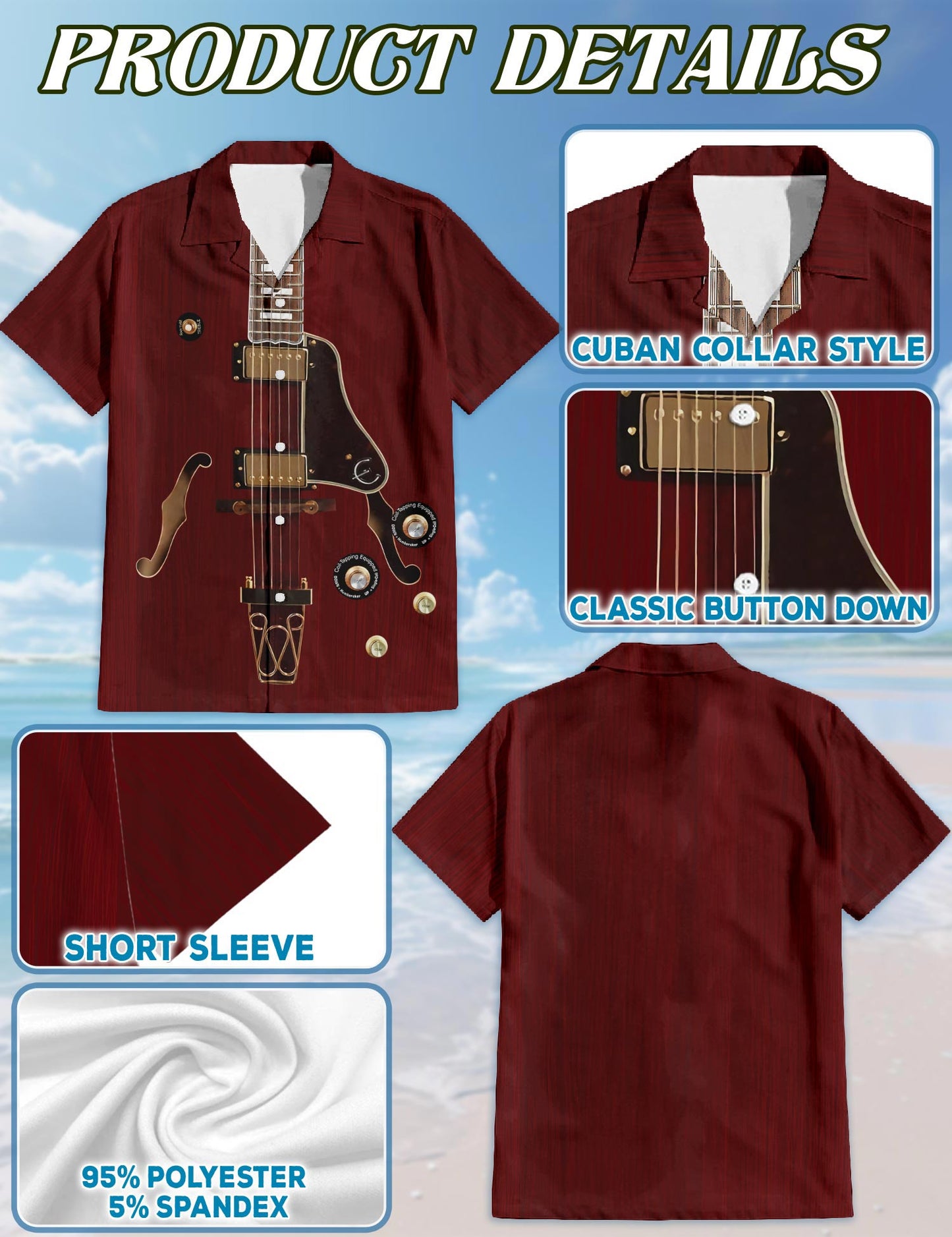 Electric Guitar Hawaiian Shirt for Men, Button Down Aloha Shirt - Azhawaiian