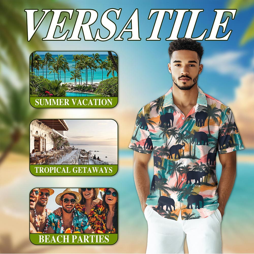 Elephant Coconut Palm Hawaiian Shirt for Men, Button Down Aloha Shirt - Azhawaiian