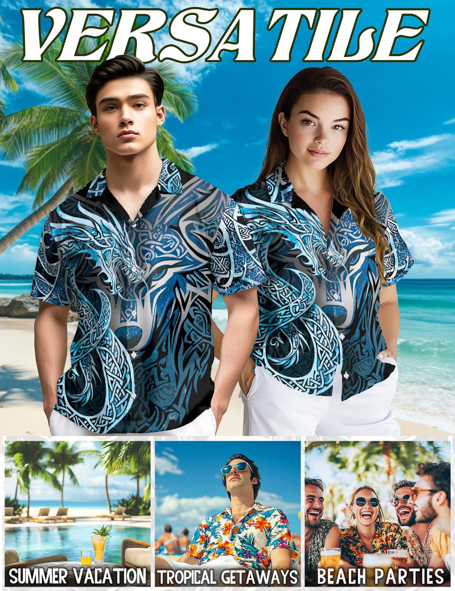 Fenrir Blue Hawaiian Shirt for Men, Button Down Aloha Shirt - Azhawaiian