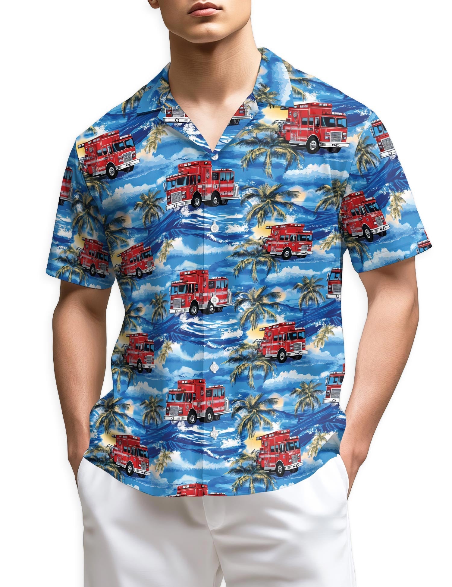 Azhawaiian Fire Truck Firefighter Blue Palm Tree Hawaiian Shirt for Men