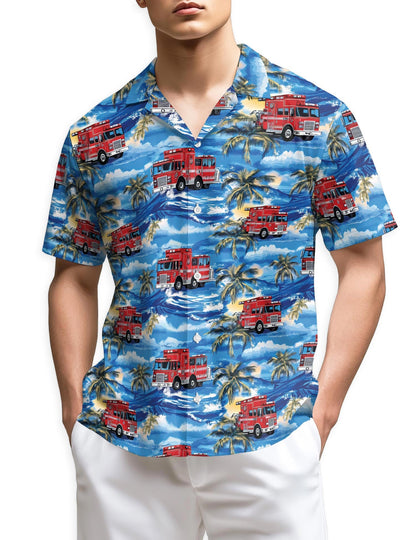 Azhawaiian Fire Truck Firefighter Blue Palm Tree Hawaiian Shirt for Men