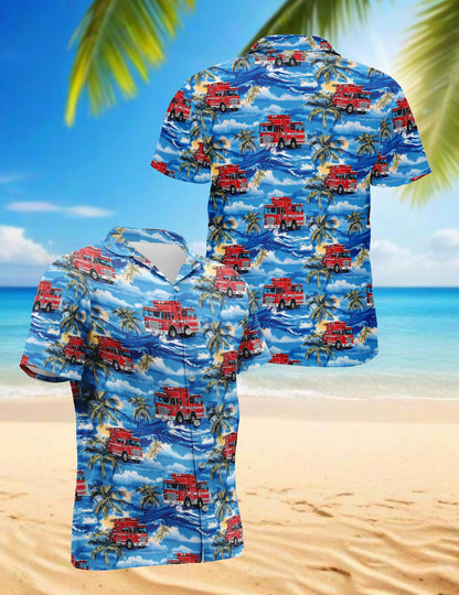 Fire Truck Firefighter Blue Palm Tree Hawaiian Shirt for Men, Button Down Aloha Shirt - Azhawaiian