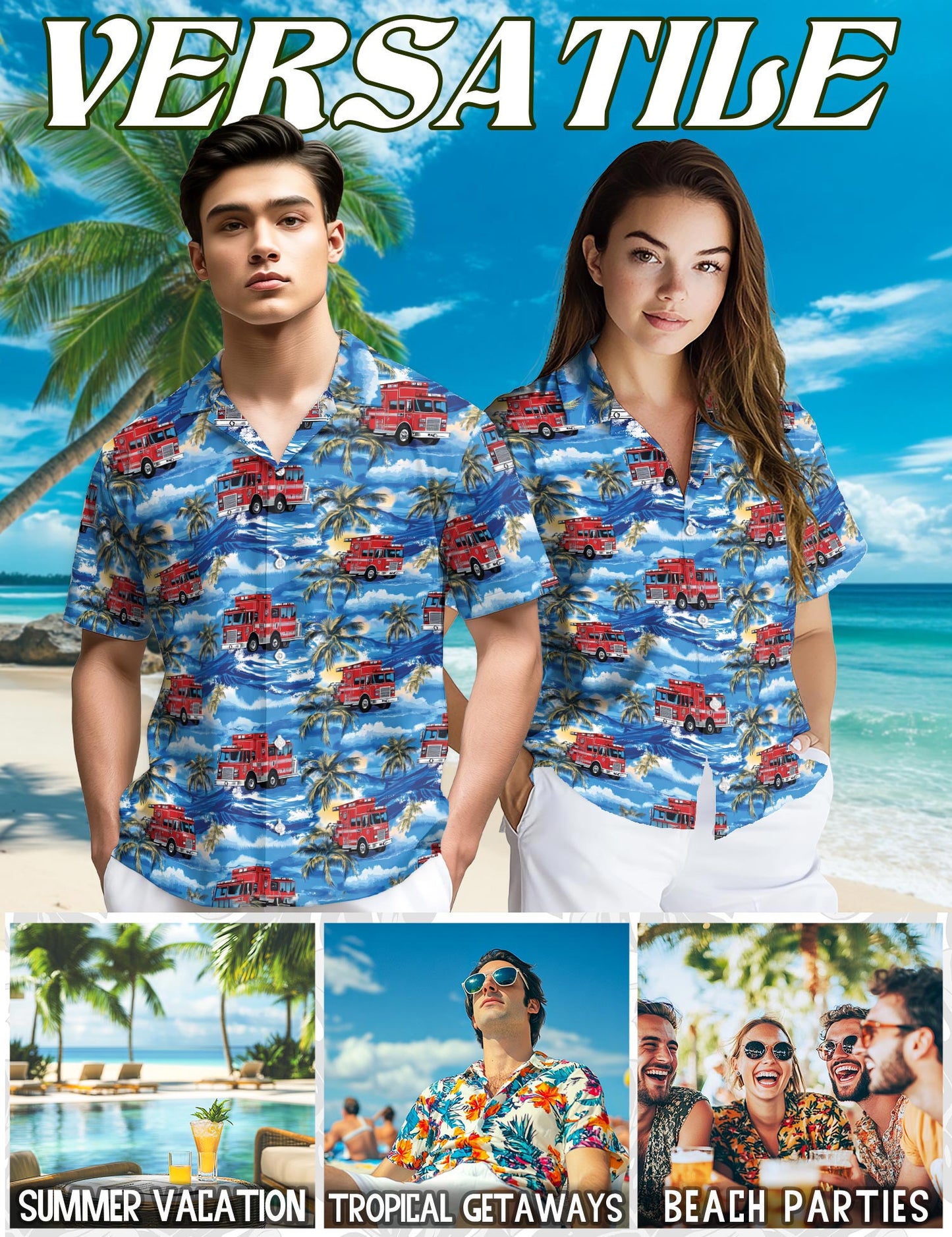 Fire Truck Firefighter Blue Palm Tree Hawaiian Shirt for Men, Button Down Aloha Shirt - Azhawaiian