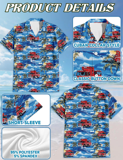 Fire Truck Firefighter Blue Palm Tree Hawaiian Shirt for Men, Button Down Aloha Shirt - Azhawaiian