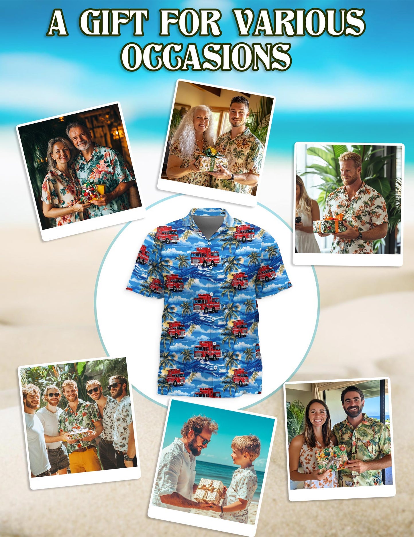 Fire Truck Firefighter Blue Palm Tree Hawaiian Shirt for Men, Button Down Aloha Shirt - Azhawaiian
