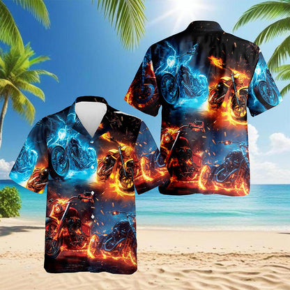 Flaming Motorcycle Hawaiian Shirt for Men, Button Down Aloha Shirt - Azhawaiian