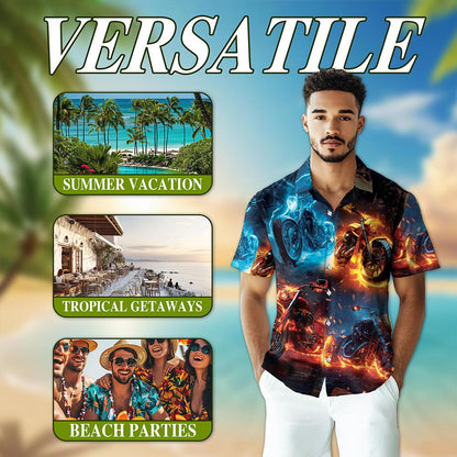 Flaming Motorcycle Hawaiian Shirt for Men, Button Down Aloha Shirt - Azhawaiian