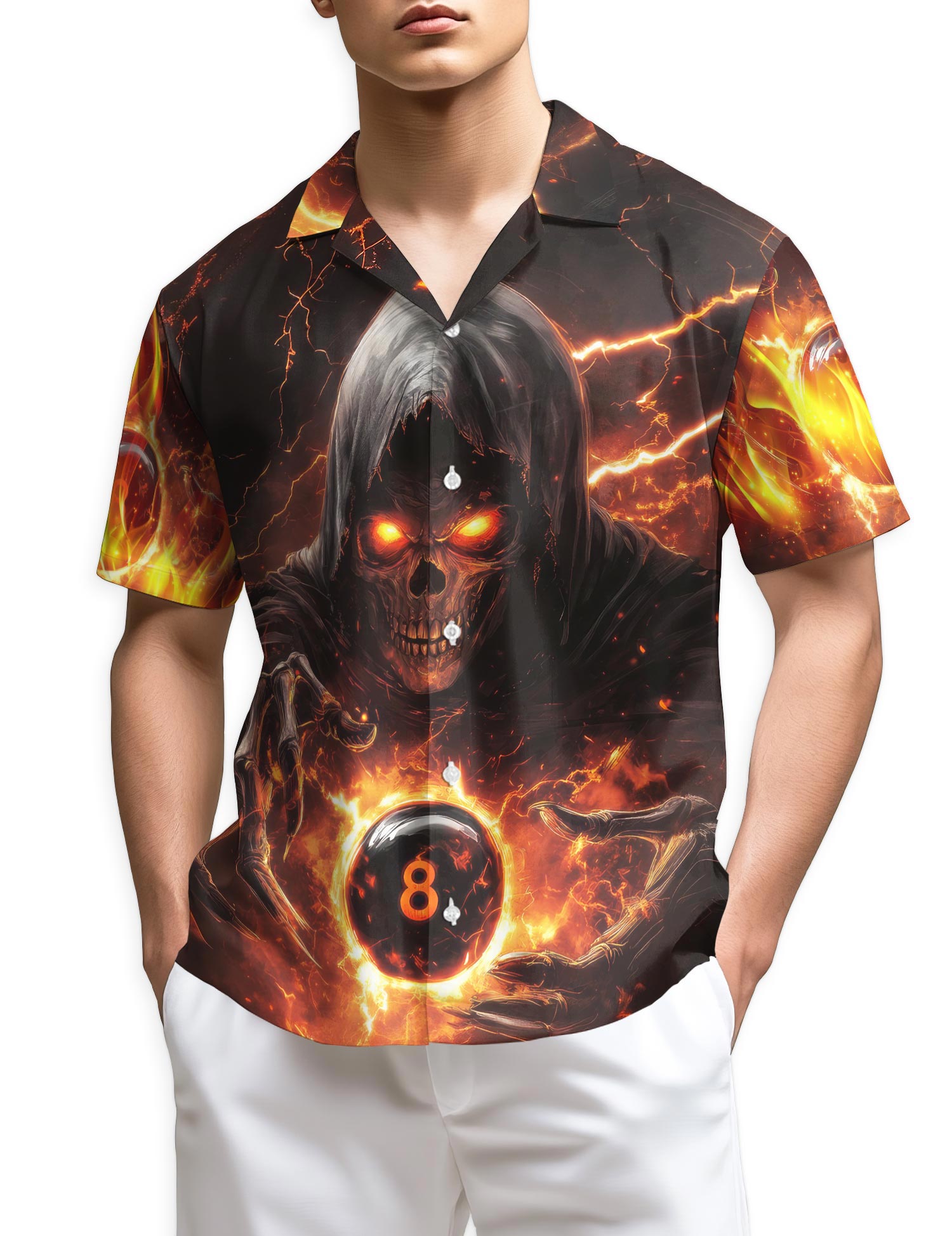 Azhawaiian Flaming Skull 8 Ball Hawaiian Shirt for Men