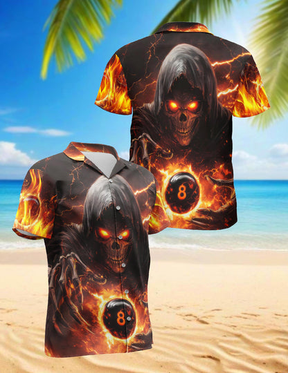 Flaming Skull 8 Ball Hawaiian Shirt for Men, Button Down Aloha Shirt - Azhawaiian