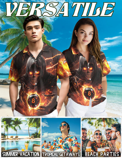 Flaming Skull 8 Ball Hawaiian Shirt for Men, Button Down Aloha Shirt - Azhawaiian