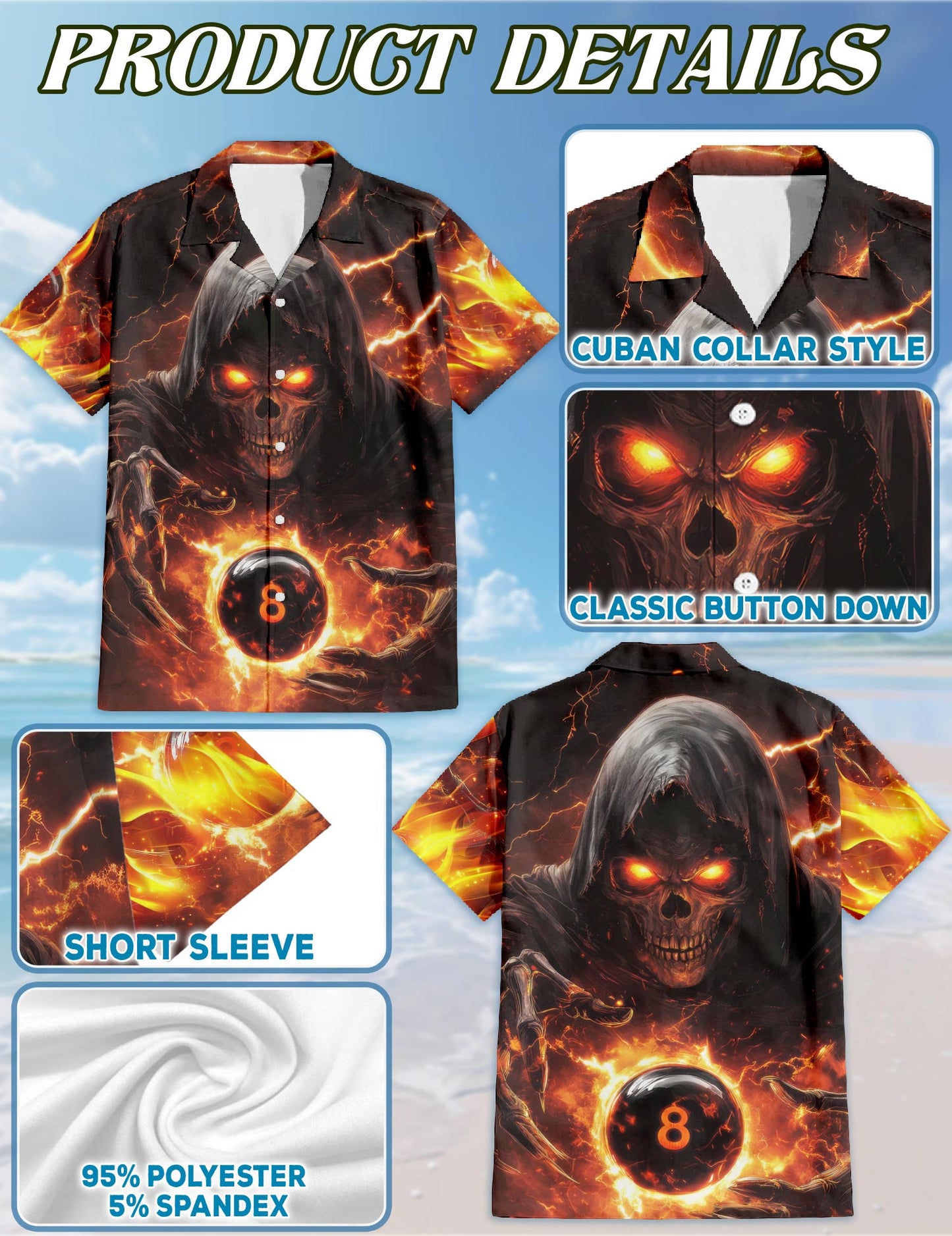 Flaming Skull 8 Ball Hawaiian Shirt for Men, Button Down Aloha Shirt - Azhawaiian
