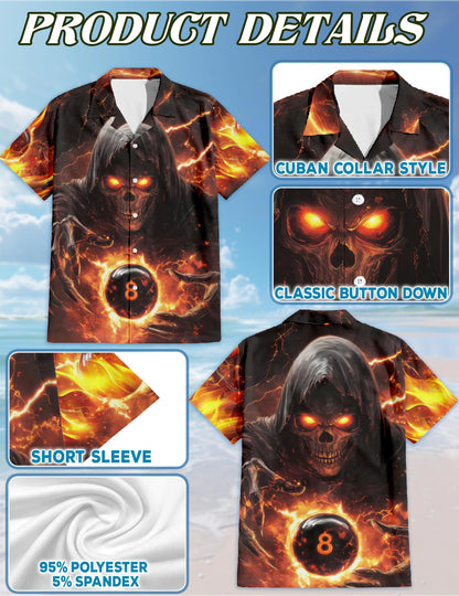 Flaming Skull 8 Ball Hawaiian Shirt for Men, Button Down Aloha Shirt - Azhawaiian