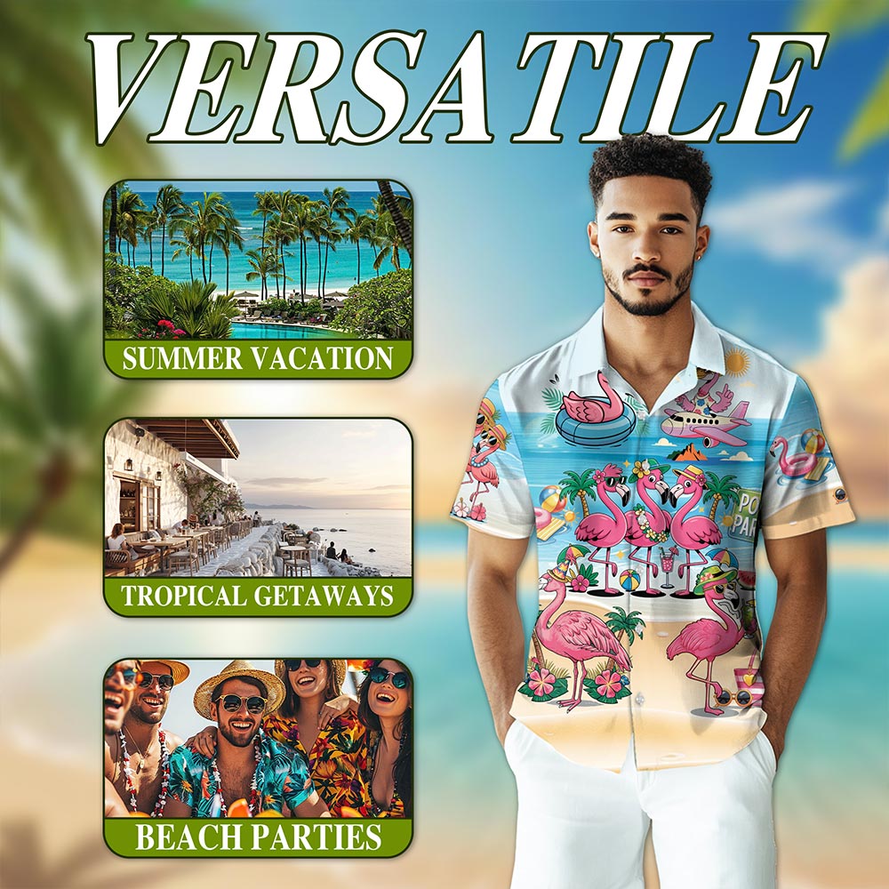 Flamingo Cocktails Hawaiian Shirt for Men, Button Down Aloha Shirt - Azhawaiian