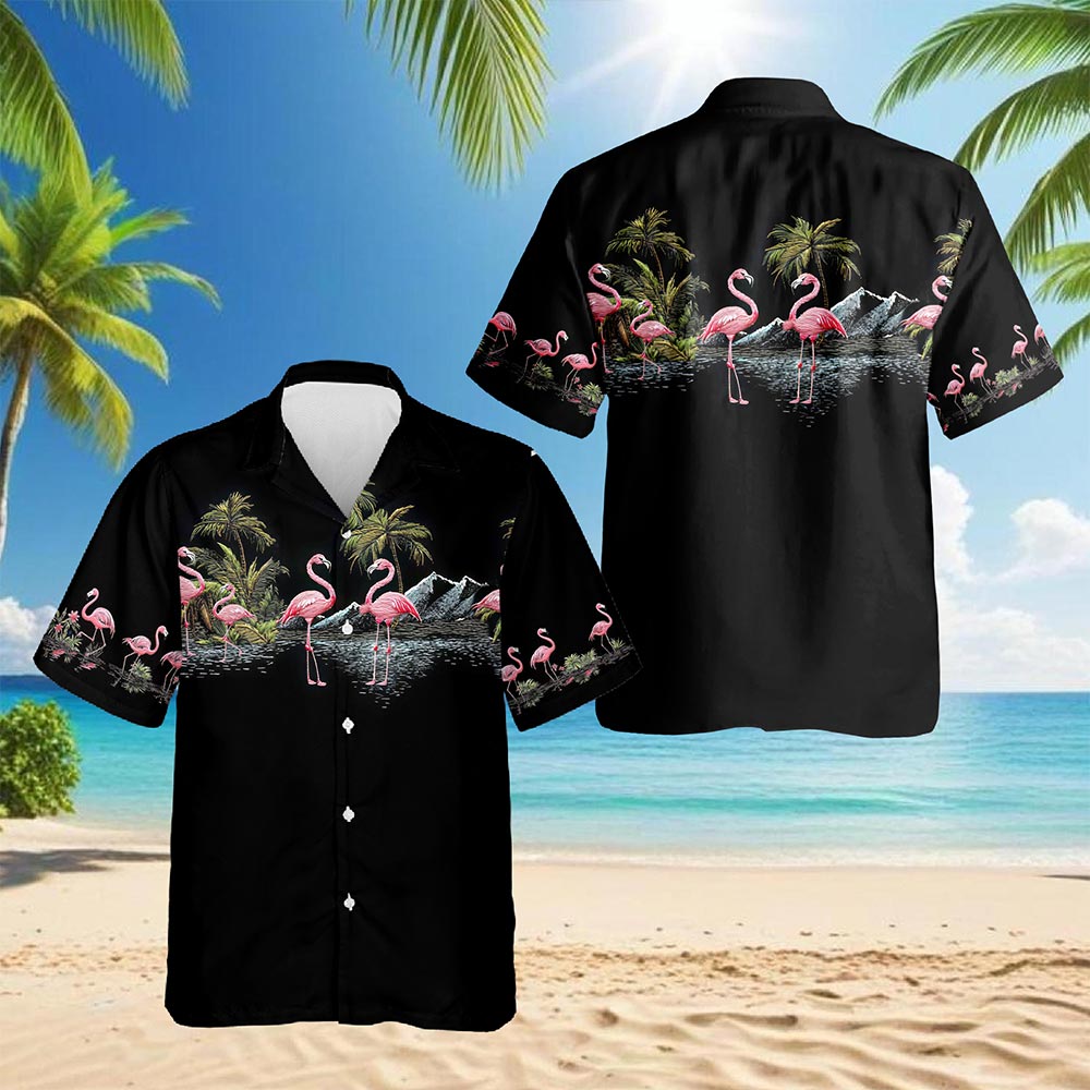 Flamingos Black Hawaiian Shirt for Men, Button Down Aloha Shirt - Azhawaiian