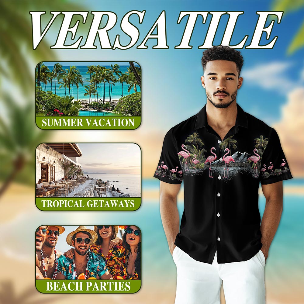 Flamingos Black Hawaiian Shirt for Men, Button Down Aloha Shirt - Azhawaiian