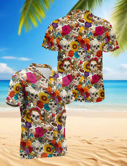 Floral Skull Day Of The Dead Hawaiian Shirt for Men, Button Down Aloha Shirt - Azhawaiian