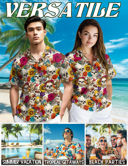 Floral Skull Day Of The Dead Hawaiian Shirt for Men, Button Down Aloha Shirt - Azhawaiian