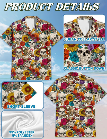 Floral Skull Day Of The Dead Hawaiian Shirt for Men, Button Down Aloha Shirt - Azhawaiian