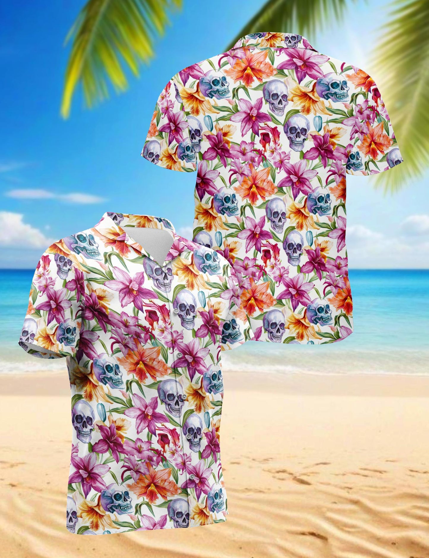 Floral Skull Hawaiian Shirt for Men, Button Down Aloha Shirt - Azhawaiian