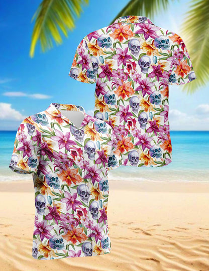 Floral Skull Hawaiian Shirt for Men, Button Down Aloha Shirt - Azhawaiian