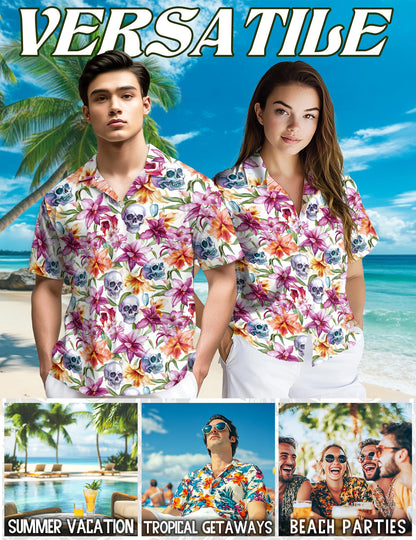 Floral Skull Hawaiian Shirt for Men, Button Down Aloha Shirt - Azhawaiian