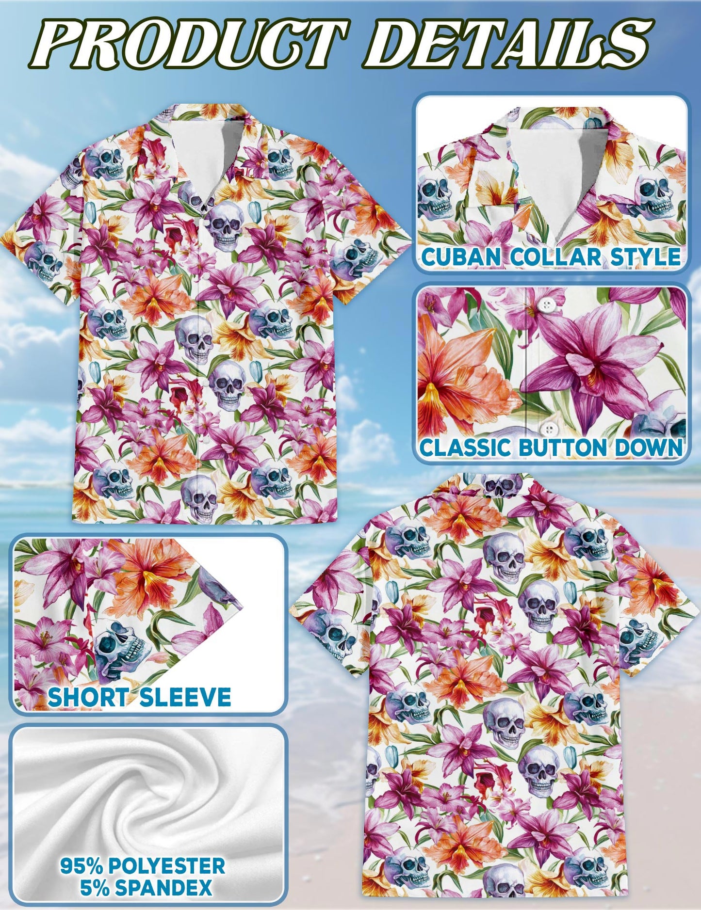 Floral Skull Hawaiian Shirt for Men, Button Down Aloha Shirt - Azhawaiian