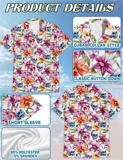Floral Skull Hawaiian Shirt for Men, Button Down Aloha Shirt - Azhawaiian