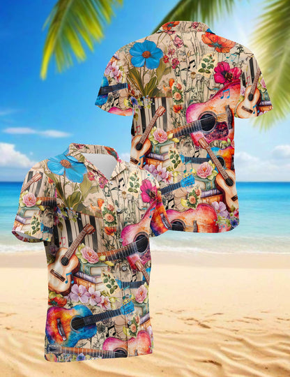 Flower Ukulele Hawaiian Shirt for Men, Button Down Aloha Shirt - Azhawaiian