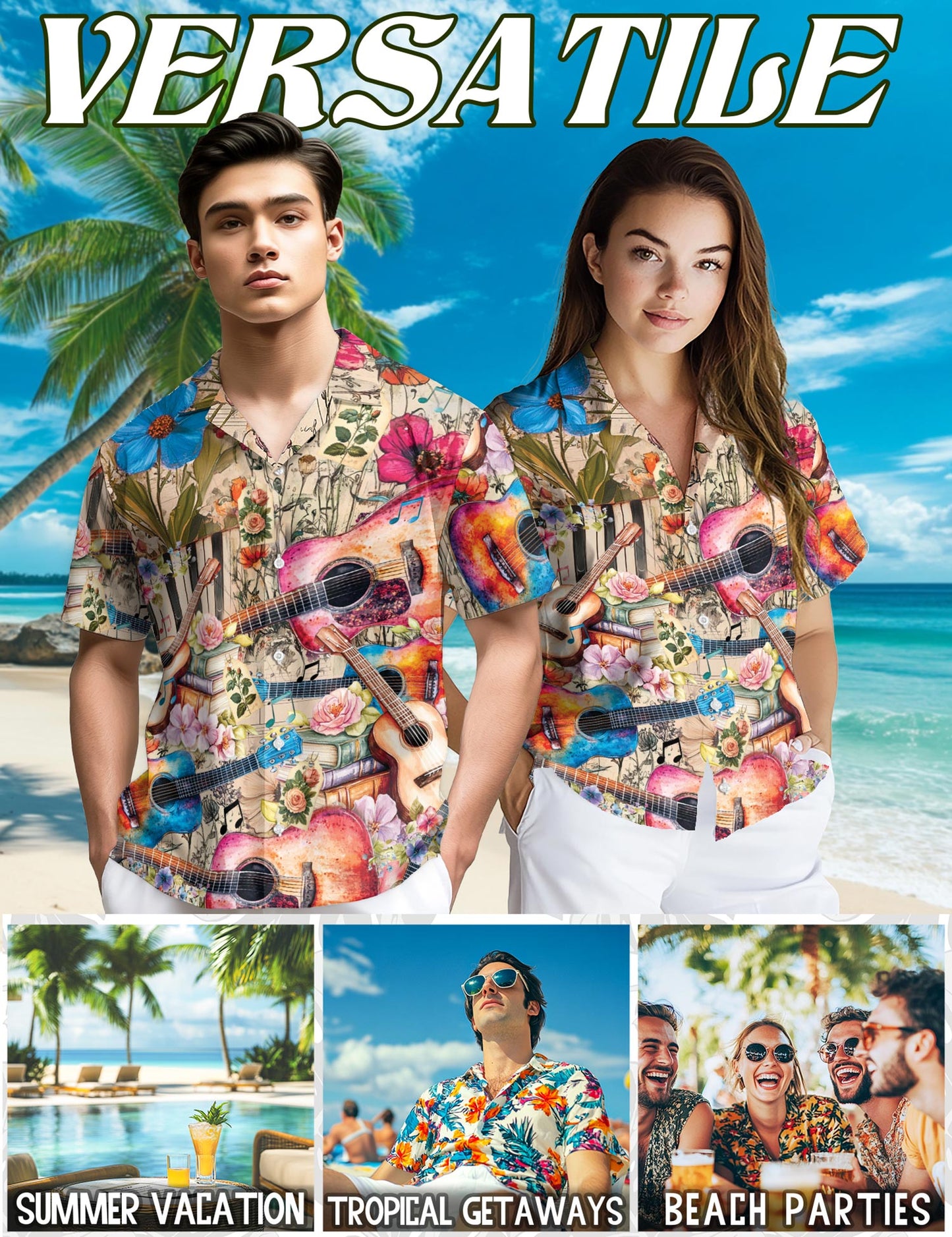 Flower Ukulele Hawaiian Shirt for Men, Button Down Aloha Shirt - Azhawaiian