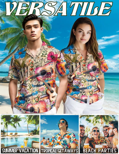 Flower Ukulele Hawaiian Shirt for Men, Button Down Aloha Shirt - Azhawaiian