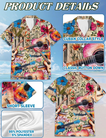 Flower Ukulele Hawaiian Shirt for Men, Button Down Aloha Shirt - Azhawaiian