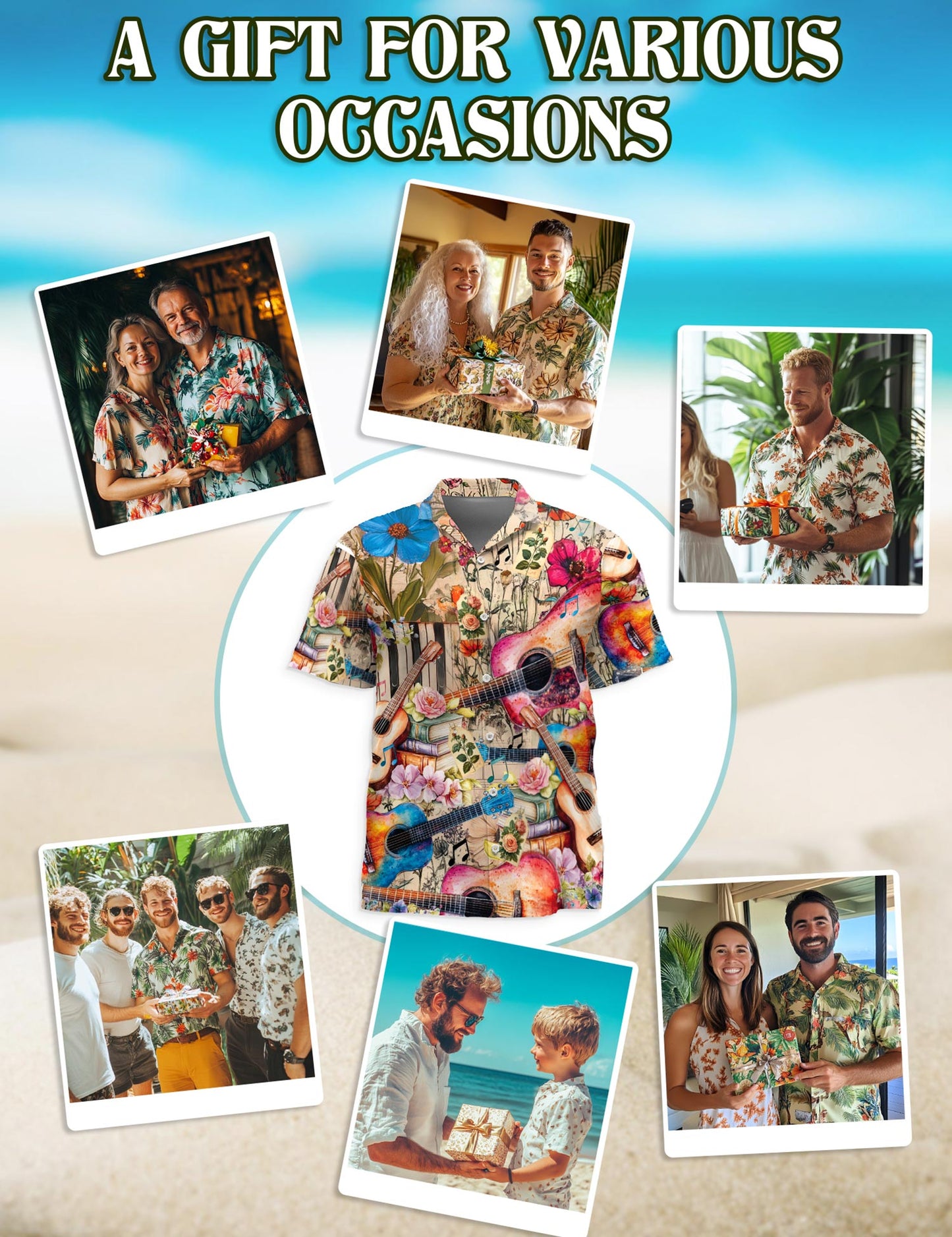Flower Ukulele Hawaiian Shirt for Men, Button Down Aloha Shirt - Azhawaiian