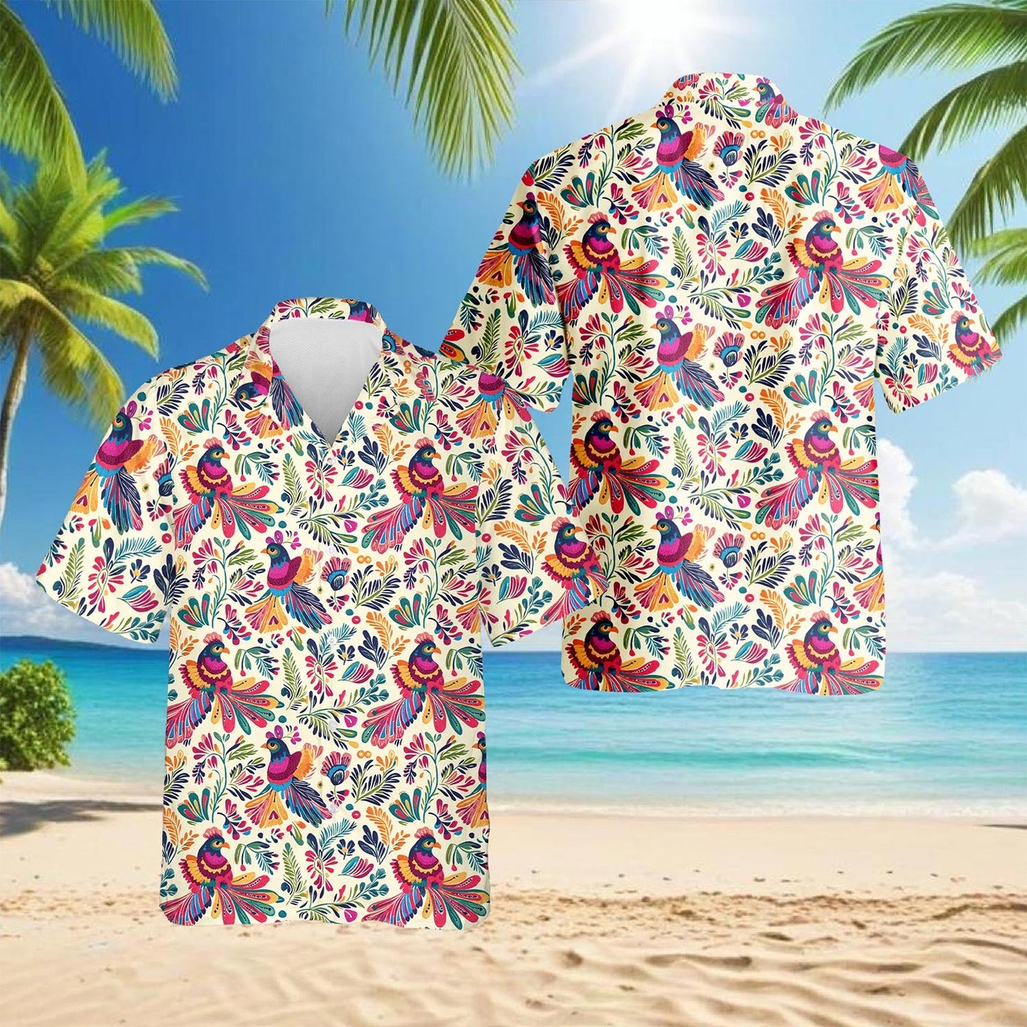 Folk Art Tropical Bird Hawaiian Shirt for Men, Button Down Aloha Shirt - Azhawaiian