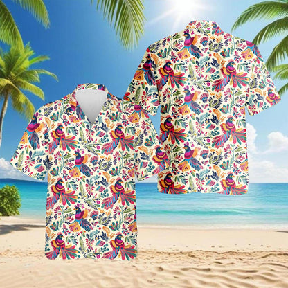 Folk Art Tropical Bird Hawaiian Shirt for Men, Button Down Aloha Shirt - Azhawaiian