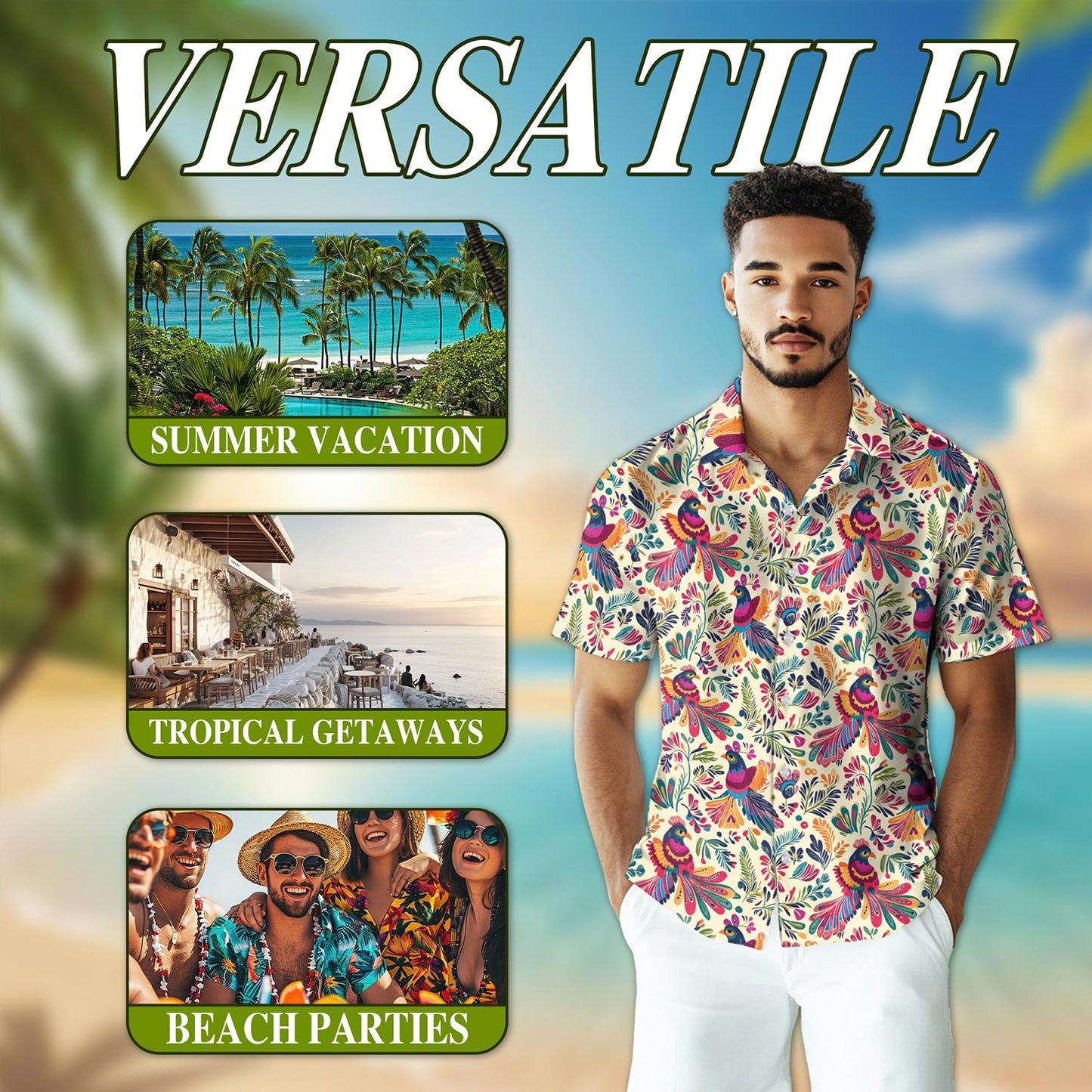 Folk Art Tropical Bird Hawaiian Shirt for Men, Button Down Aloha Shirt - Azhawaiian