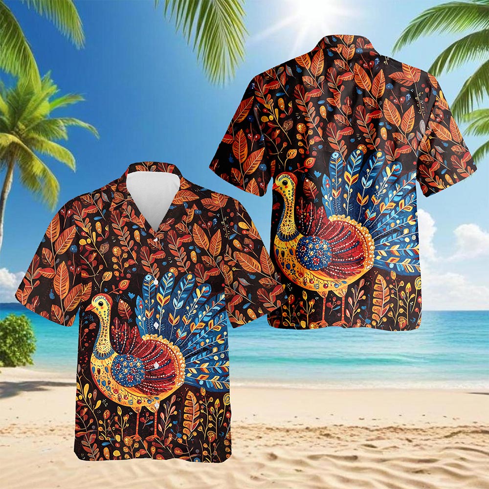 Folk Art Turkey Thanksgiving Hawaiian Shirt for Men, Button Down Aloha Shirt - Azhawaiian