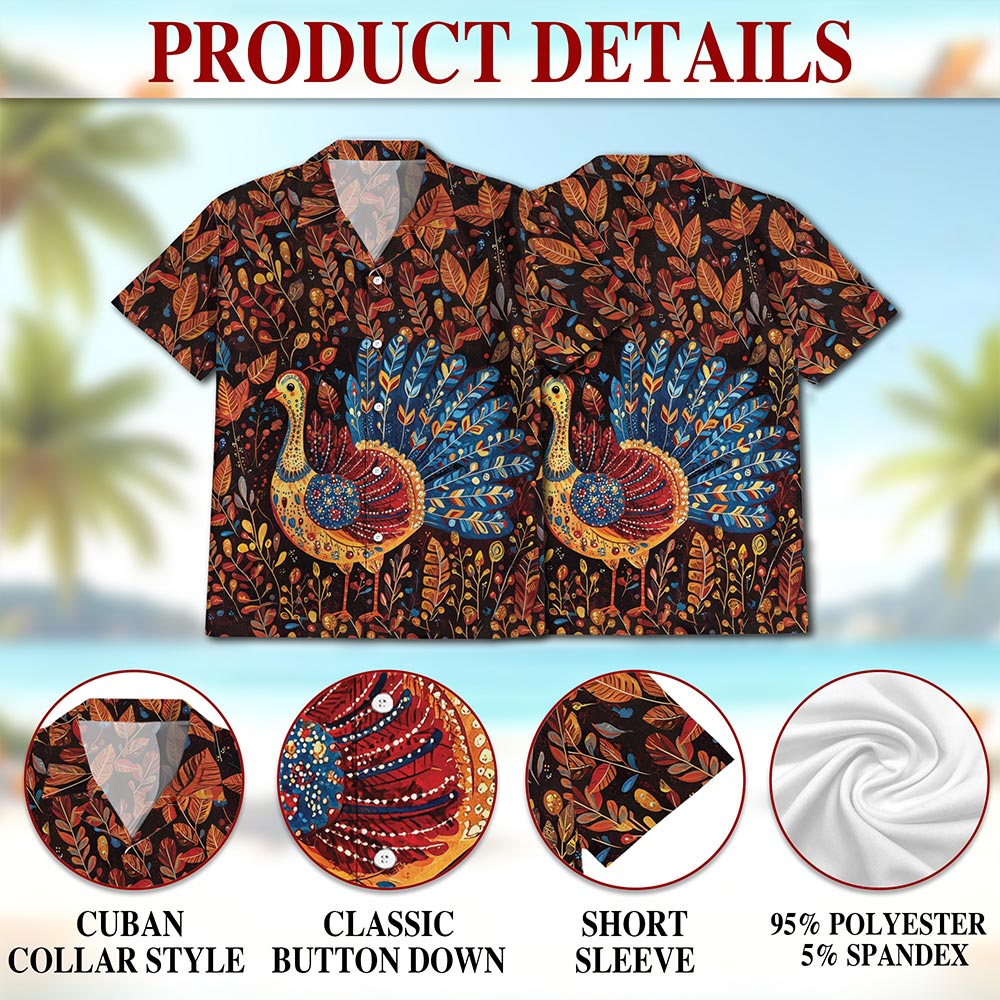 Folk Art Turkey Thanksgiving Hawaiian Shirt for Men, Button Down Aloha Shirt - Azhawaiian