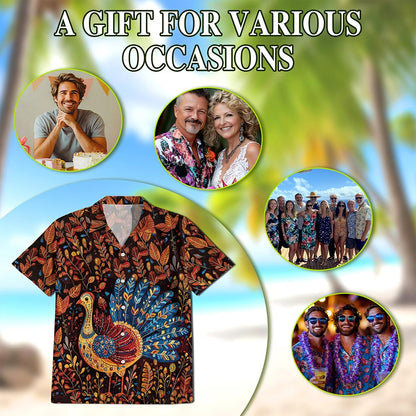Folk Art Turkey Thanksgiving Hawaiian Shirt for Men, Button Down Aloha Shirt - Azhawaiian