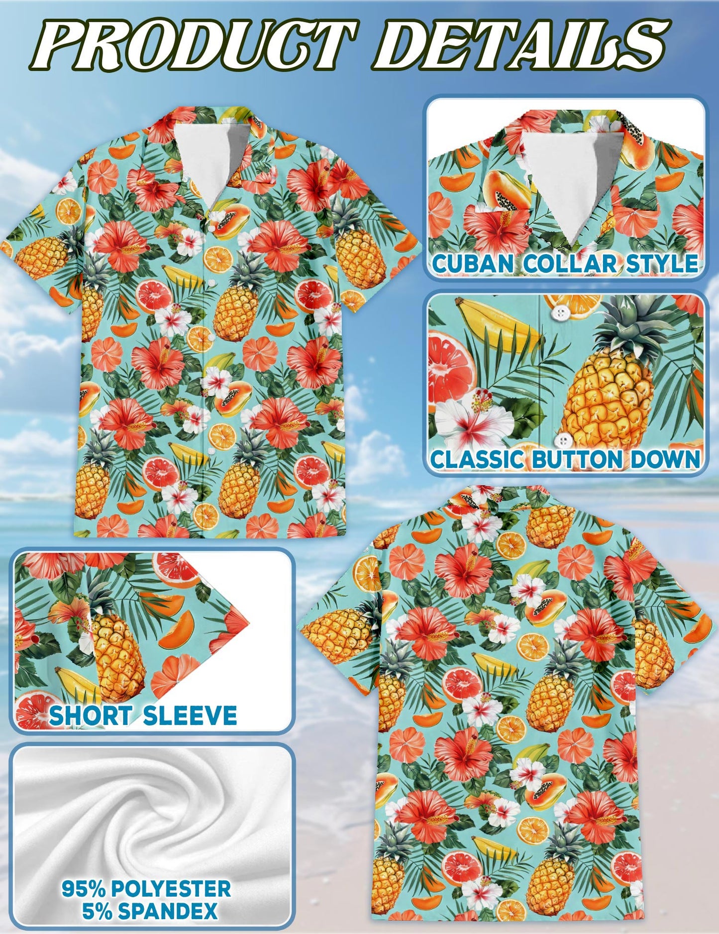 Fruits Pattern Hawaiian Shirt for Men, Button Down Aloha Shirt - Azhawaiian