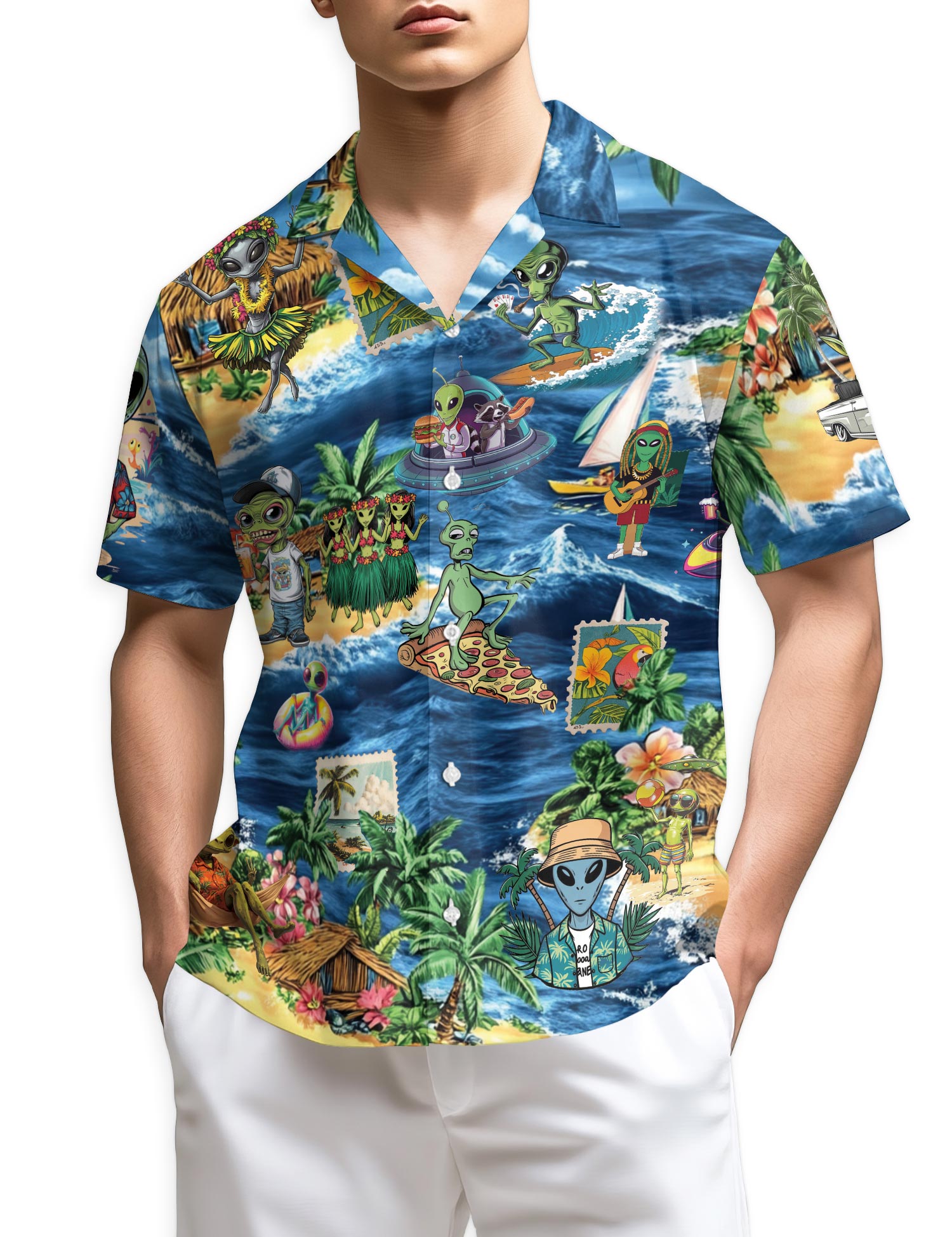 Azhawaiian Funny Alien Surfing Hawaiian Shirt for Men