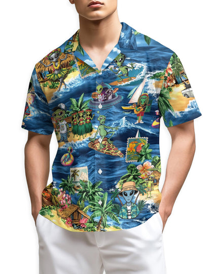 Azhawaiian Funny Alien Surfing Hawaiian Shirt for Men