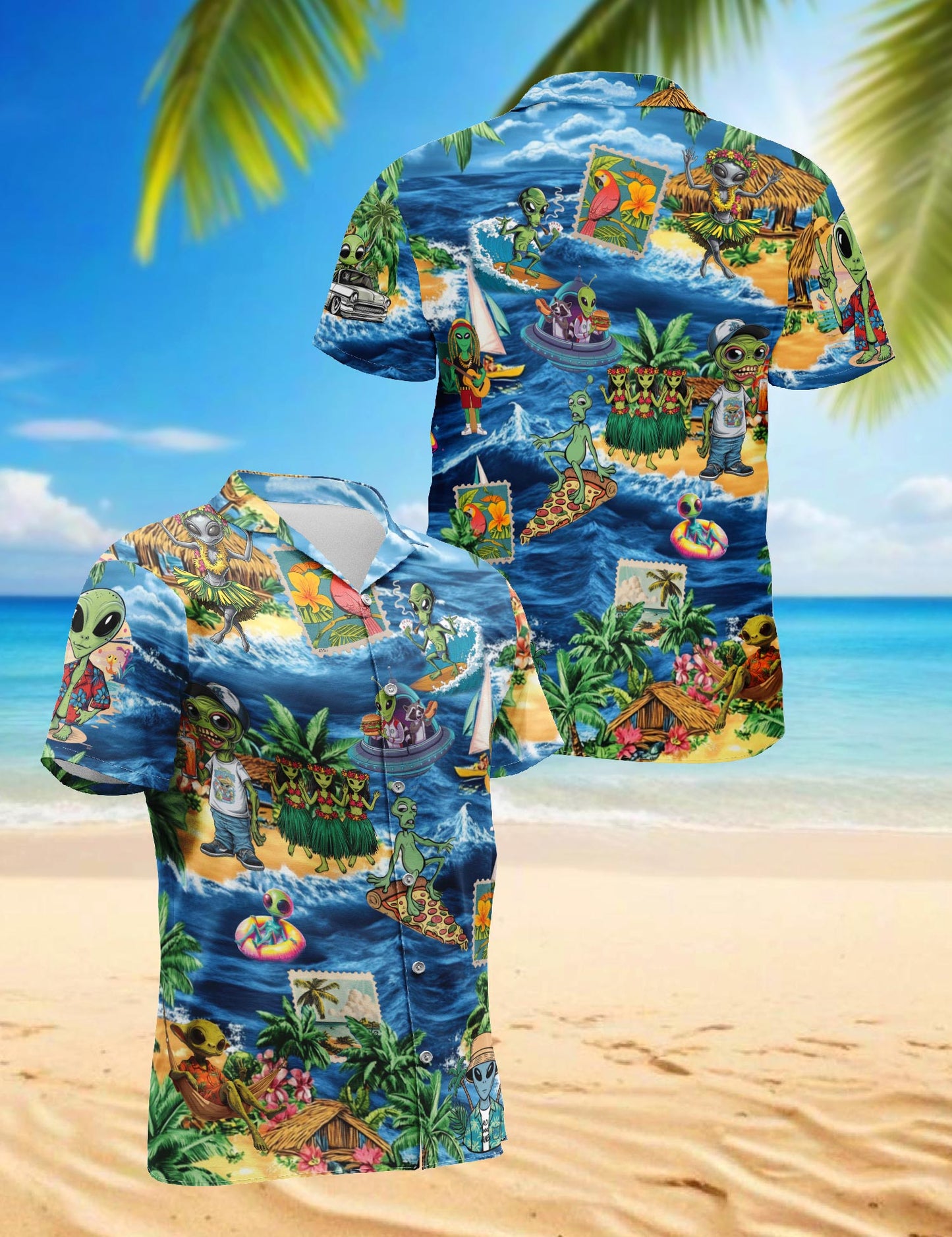 Funny Alien Surfing Hawaiian Shirt for Men, Button Down Aloha Shirt - Azhawaiian