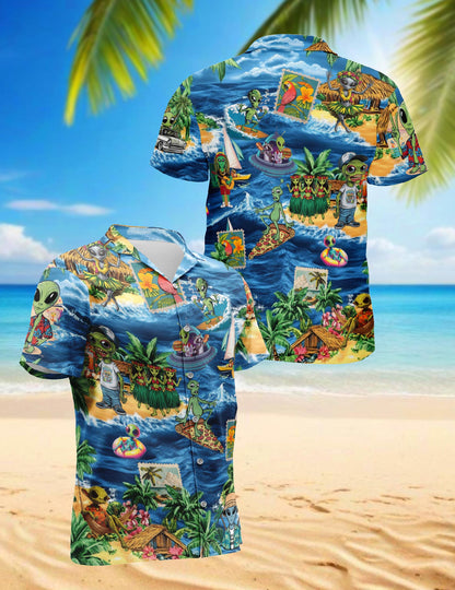 Funny Alien Surfing Hawaiian Shirt for Men, Button Down Aloha Shirt - Azhawaiian